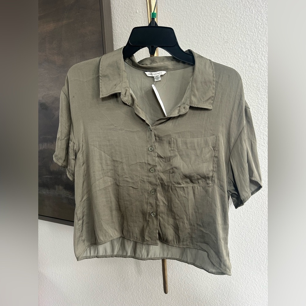 AE Satin Olive Green Button-Up Shirt - Picture 2 of 6